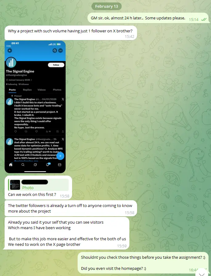 Promoter points out the X account has only 1 follower