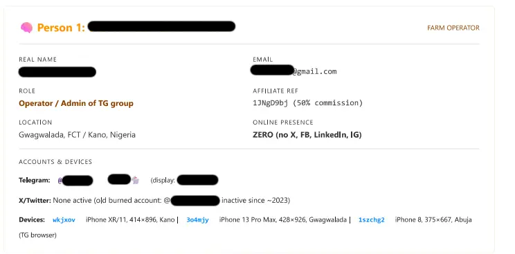 Person 1: The Farm Operator - multiple devices, zero online presence, admin of TG group
