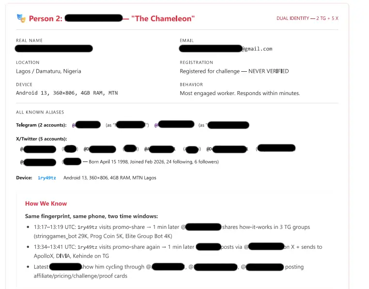Person 2: The Chameleon - 2 TG accounts + 5 X accounts from single Android device